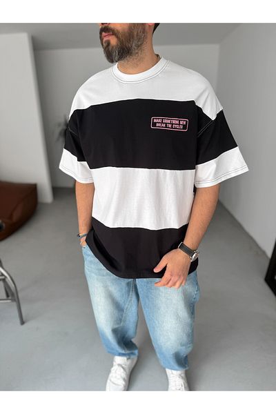 BYBASICMAN White Embroidered Oversize T-Shirt with Black Stripe Jj-100