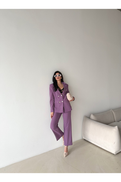 Female Clothing Lila Düğmeli Blazer Ceket Cepli Bol Pantolon Takım Elbise