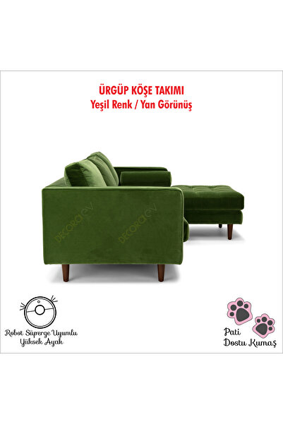 Decoraev Ürgüp Yeşil Modern Rahat Köşe Takımı Yumuşak Sünger Yüksek Ayak Baby Face Kumaş Pofuduk Sağ Köşe