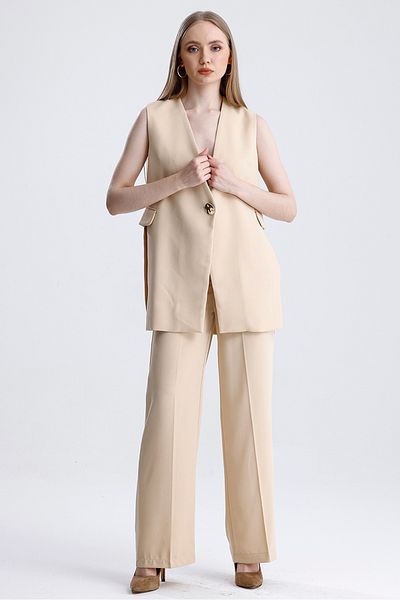 MD trend Women's Single Button Slit Detailed Lined Vest and Palazzo Pants Double Crepe Set