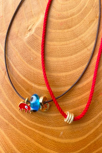 Shepidi 2'Li Blue Glass Bead Brown Red Rope Slide Lock Knit Necklace