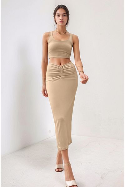 Bled Front Gather Detailed Suit – Lined Midi Skirt & Thick Strap Crop Blouse