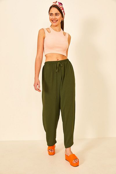 EYYE Khaki Aerobin Fabric Relaxed Cut Women's Trousers