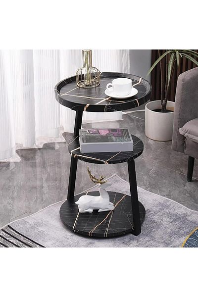 Generic Round 3-Shelf Coffee Table Made of Wood and Metal || Black Marble