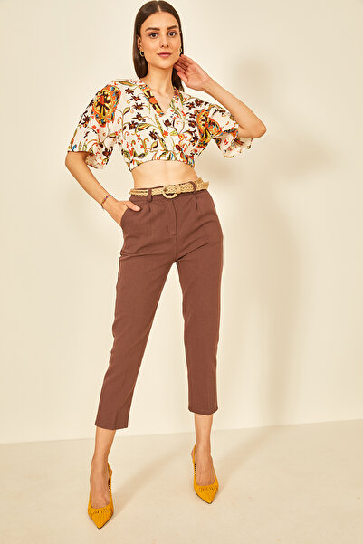 EYYE بلوزة قصيرة من الكتان المطبوع الملون