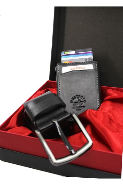 WEST POLO CÜZDAN West Polo Genuine Leather Belt and Mechanical Wallet Set