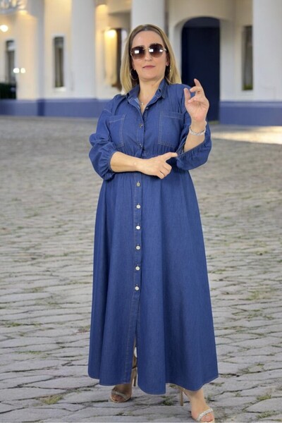 yagmurberen Front Metal Buttons Elastic Waist Elastic Sleeve Shirt Collar Large Size Slim Denim Dress