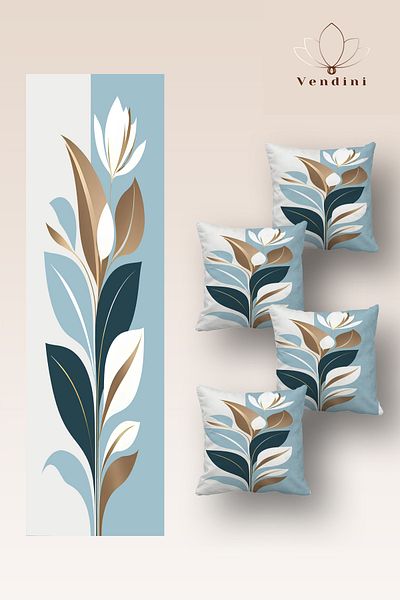 Vendini Quality Fabric, Vibrant Colors Runner and 4 Throw Pillow Covers Set