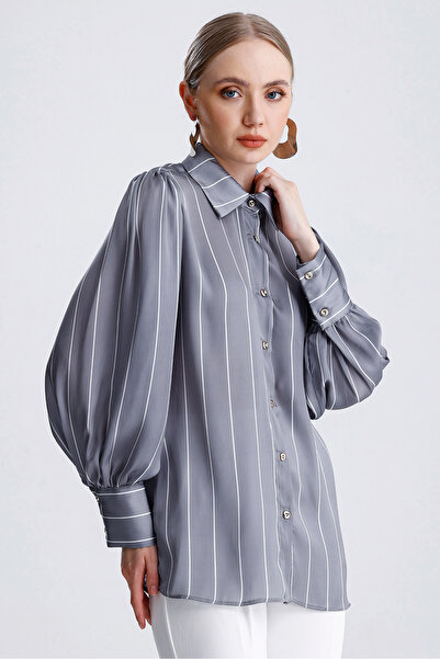 MD trend Women's Striped Drawstring Detailed Balloon Sleeve Oversize Satin Shirt