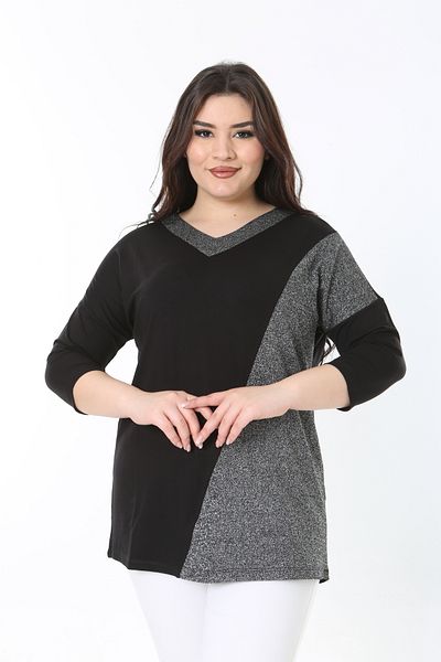 Şans Women's Large Size Black Glitter Detailed Capri Sleeve Blouse 65N38879