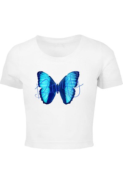 Merchcode Damen Schmetterling Blau Cropped T-Shirt