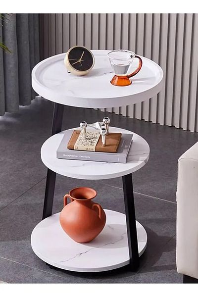 Generic Round 3-Shelf Coffee Table Made of Wood and Metal || White Marble