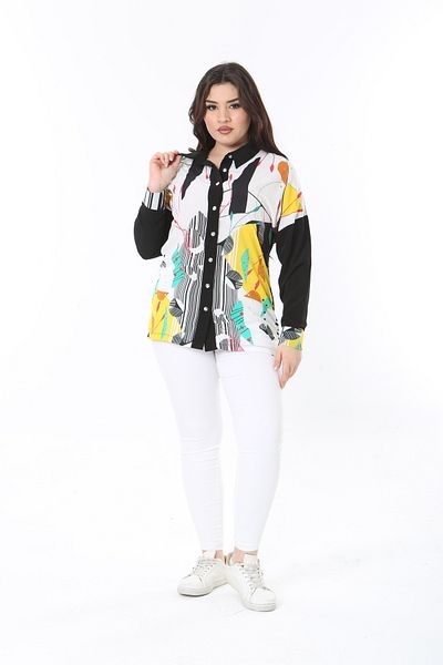 Şans Women's Large Size Black Front Patterned Blouse 65N38871