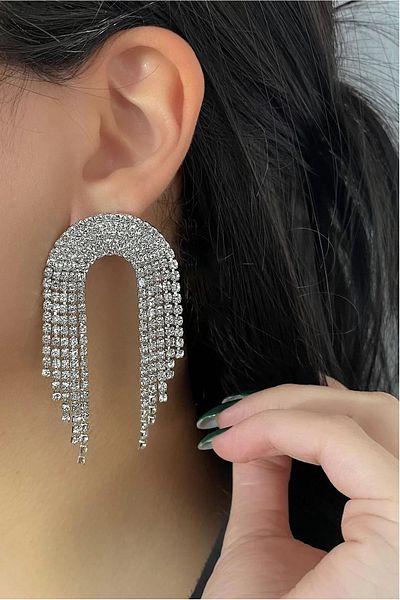 mos&more White Stone Sparkling Women's Evening Dress Earrings, Tassel Earrings, Waterway