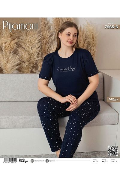 Pijamoni Navy Blue Colored Large Size Milan Fabric Women's Zero Collar Short Sleeve Pajama Set