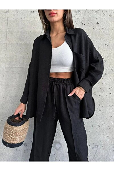 MEECY Women's Double Linen Shirt Trousers Bottom Top Set Drawstring