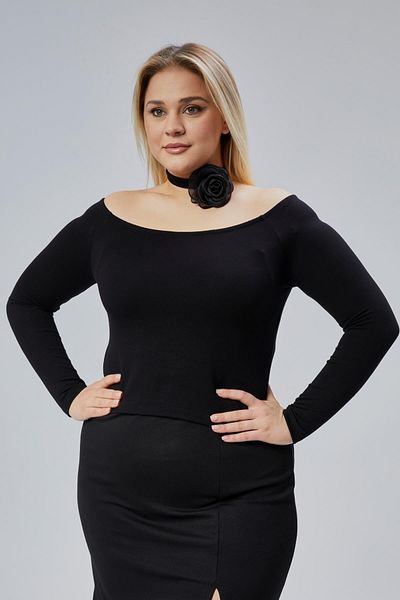 Seamoda Μεγάλο μέγεθος Off Shoulder Collar Elastic Viscose Lycra Comfort Κομψή Crop Μπλούζα-μαύρο