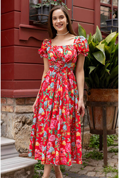 Afiş Butik Kırmızı Çiçekli Gipeli Midi Elbise