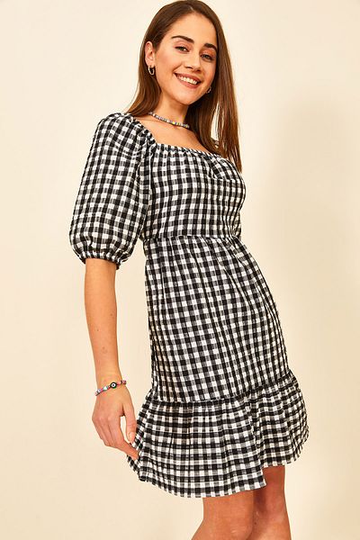 EYYE Rochie scurtă cu mâneci balon Gingham alb-negru