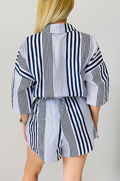 EYYE Navy Blue White Striped Shirt Shorts Women's Bottom Top Set