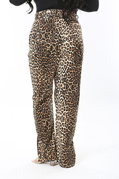 Şans Γυναικείο παντελόνι μεγάλου μεγέθους Leo Leopard με ψηλόμεσο πλαϊνό σχιστό παντελόνι 65N38885