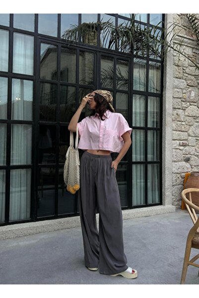 minaaise Kadın Antrasit %100 Modal Kumaş Pileli Geniş Kesim Pantolon 29110