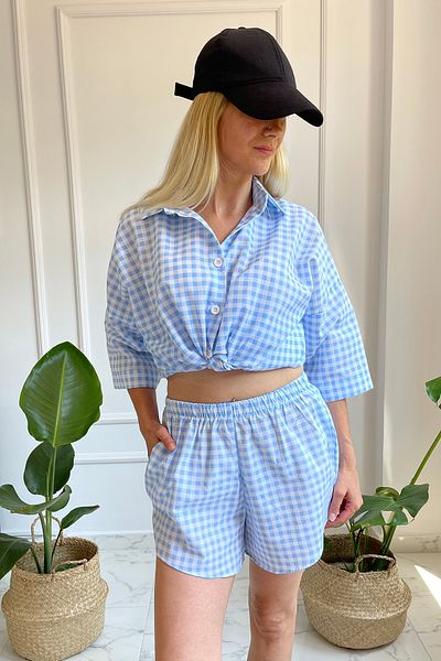 EYYE Light Blue White Gingham Shirt Shorts Women's Bottom Top Set
