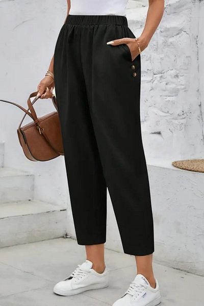 Mossta Black Crepe Pants - High Waist and Pockets