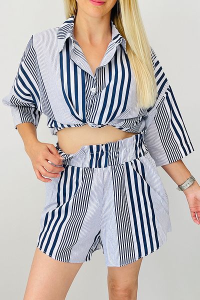 EYYE Navy Blue White Striped Shirt Shorts Women's Bottom Top Set