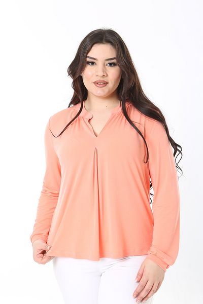 Şans Women's Large Size Orange V-Neck Chest Pleated L, King Blouse 65N38877