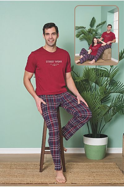 Over Sleep by Poleren Burgundy Colored Six Plaid Single Jersey Fabric Paired Suit Short Sleeve Men's Pajama Set