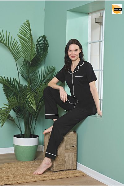 Over Sleep by Poleren Black Color Shirt Collar Short Sleeve Women's Pajama Set