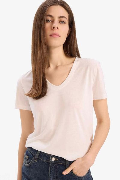 DeFacto Regular Fit V-Neck Ecru Women's T-Shirt W9204Az/Er105