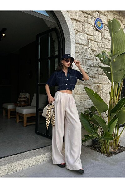 minaaise Kadın Taş %100 Modal Kumaş Pileli Geniş Kesim Pantolon 29110
