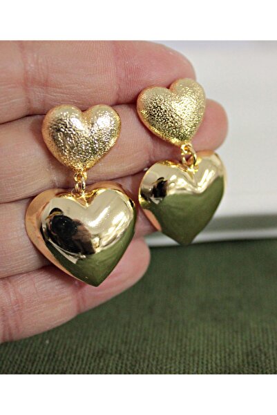 mos&more Gold Çift Kalp Sallantılı Şık Kadın Küpe