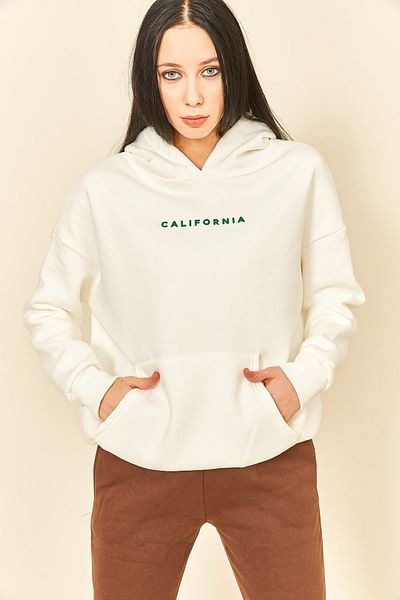 EYYE Ecru Printed Hooded Kangaroo Pocket Women's Sweatshirt