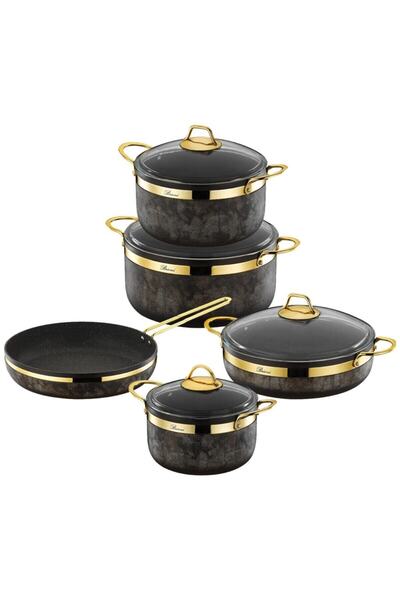Brioni Royal Stone 9 Parça Yanmaz Yapışmaz Taş Dokulu Granit Tencere Seti Kum Taşı-altın