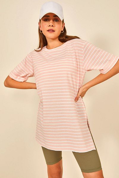 EYYE Γυναικείο μπλουζάκι Oversize με διπλό μανίκι λευκό σολομό