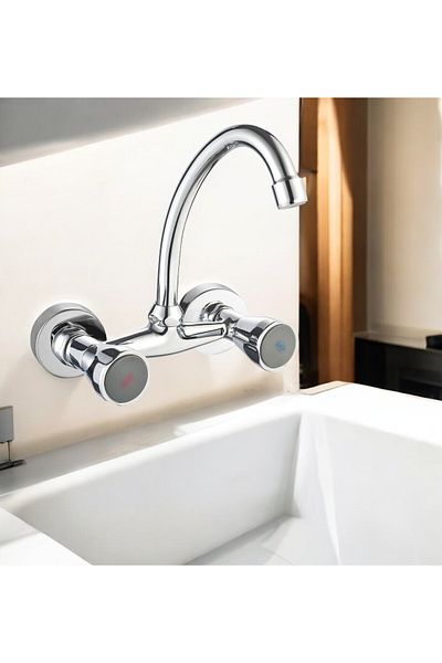 HESANIT Classic Two Handle Wall Sink Mixer With HU Spout Chrome