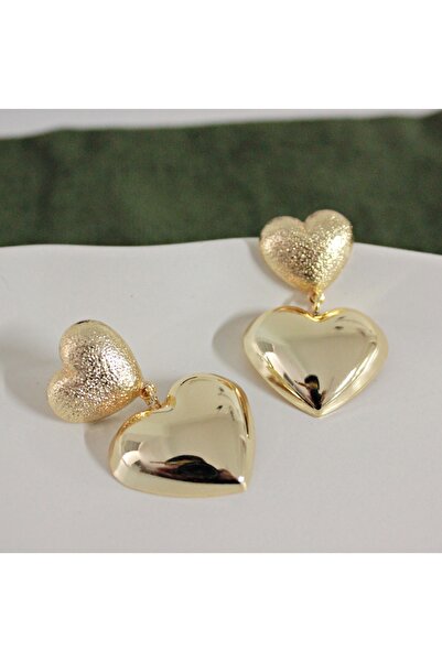 mos&more Gold Çift Kalp Sallantılı Şık Kadın Küpe