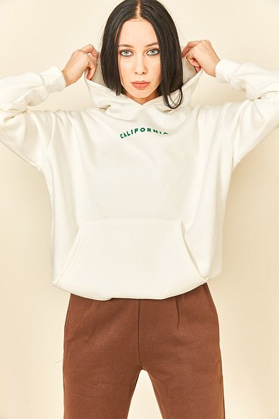 EYYE Ecru Printed Hooded Kangaroo Pocket Women's Sweatshirt