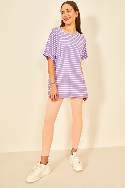 EYYE Μωβ Λευκό Γυναικείο T-Shirt με διπλό μανίκι με σχισμή Oversize