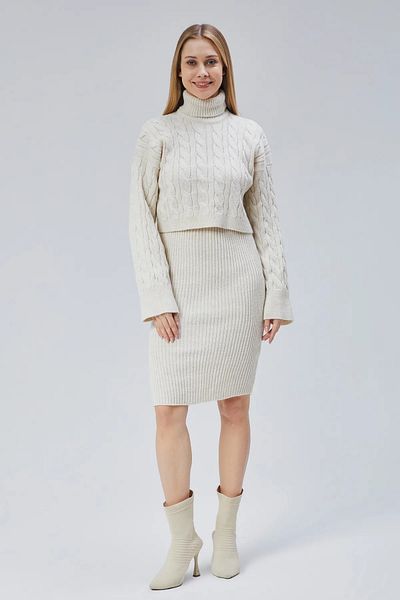 LumiDress Lumieer Women's High Collar Solid Motif Long Sleeve Crop Sweater and Midi Length Knitwear Skirt Set