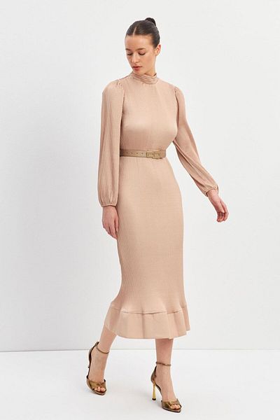 Setre Rochie cu curea de lungime midi cu pliuri bej