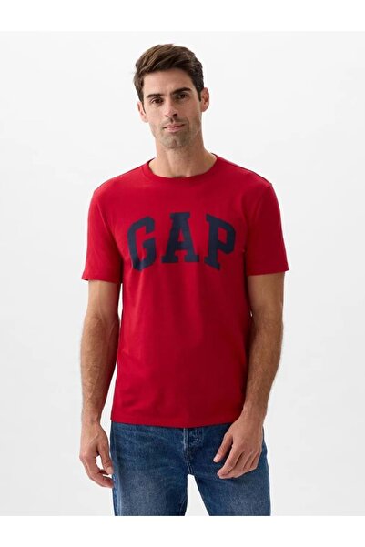 GAP تي شيرت يومي ناعم بسيط بشعار 856659 بأكمام قصيرة تي شيرت رجالي باللون الأحمر