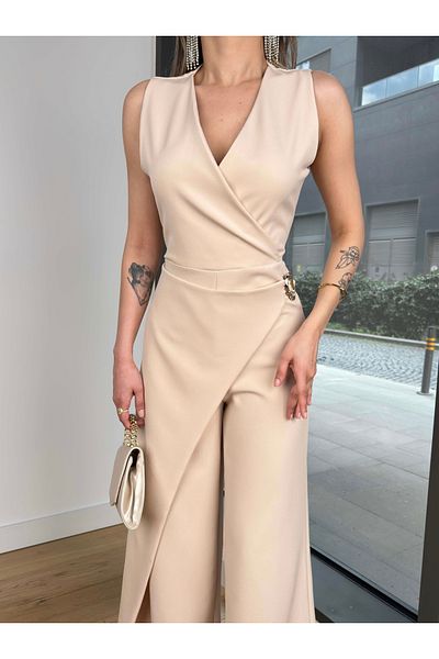 Afiş Butik Beige Double Breasted Collar Accessory Detailed Wide Leg Jumpsuit