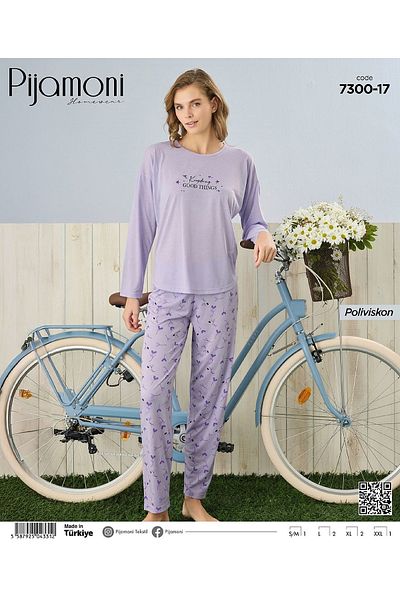 Pijamoni Purple Color Polyviscon Long Sleeve Women's Pajamas Set