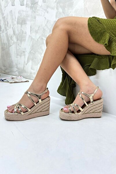 inizio Gold Straw Wedge Heel Women's Sandals Ew7002