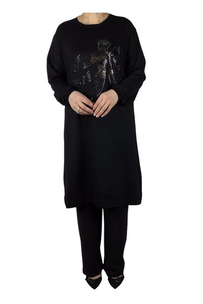 ECE GİYİM Women's Front Printed Crystal Two Thread Large Size Tunic
