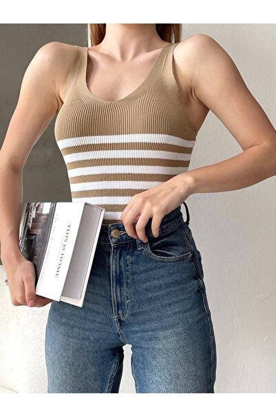 vuvutasarım Γυναικεία εύκαμπτη ριγέ πλεκτή μπλούζα με λουράκι 0305